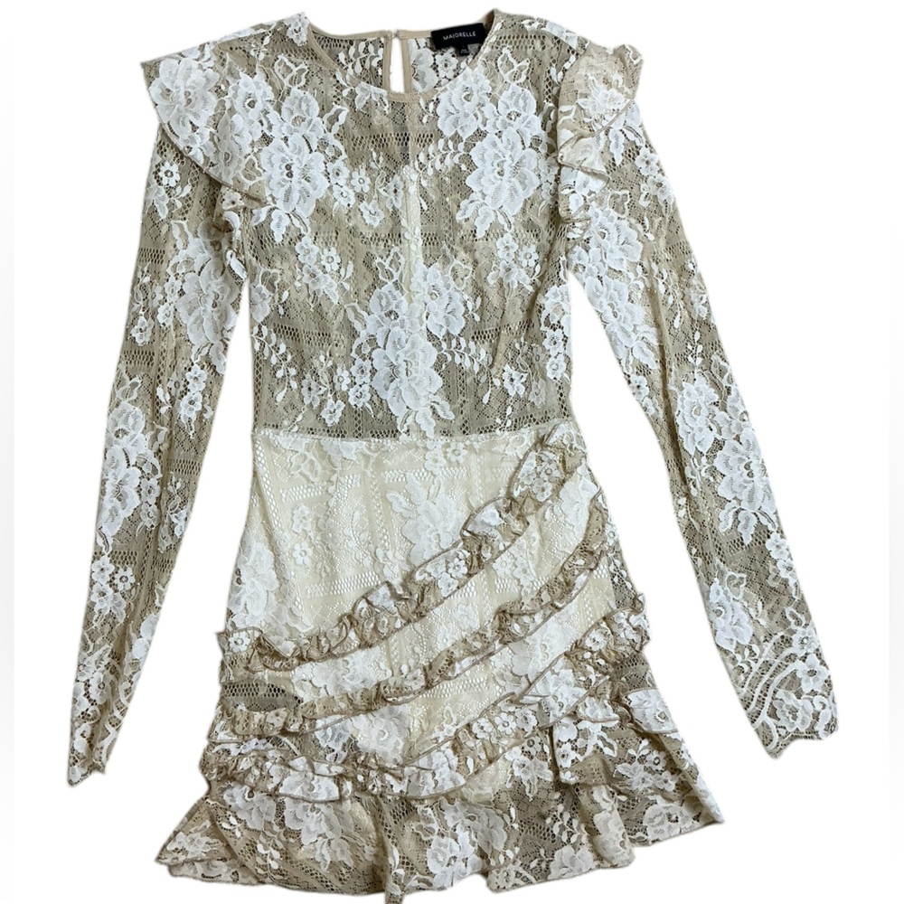 MAJORELLE Lace Ruffle Mini Dress Cream Long Sleeve Size S